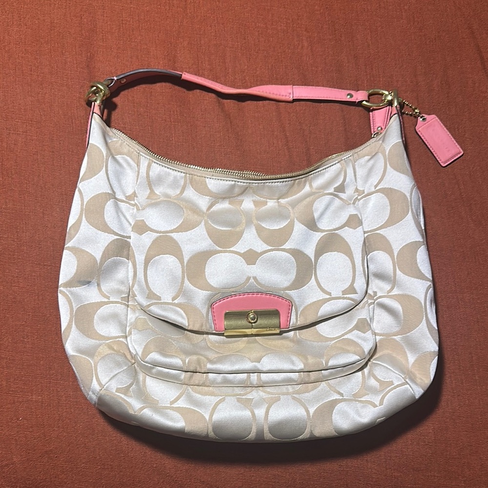 Coach Cream and Pink Hobo Bag with Gold Accents